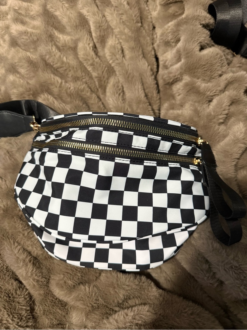 Black & White Checkered Crossbody Bag with Gold Zippers